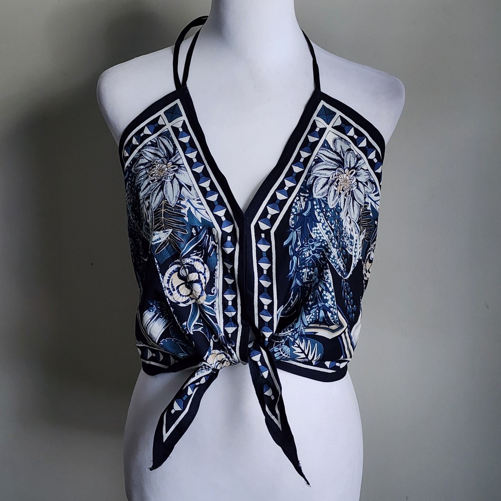Handkerchief Halter Top Womens Large Blue Tie Front Boho Summer Top Beach Resort
